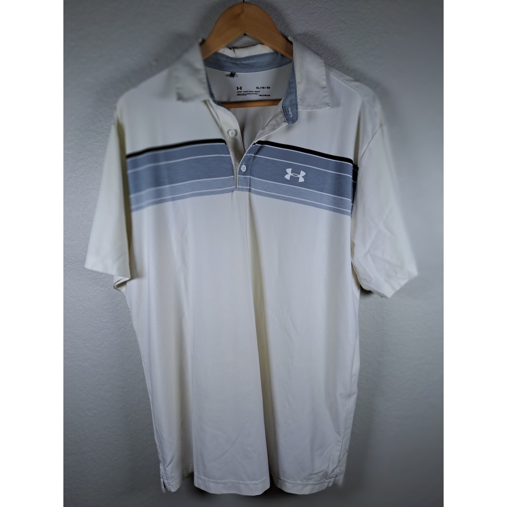 Under Armour Mens XL HeatGear Loose Fit Golf Polo Shirt Wht Striped Short Sleeve